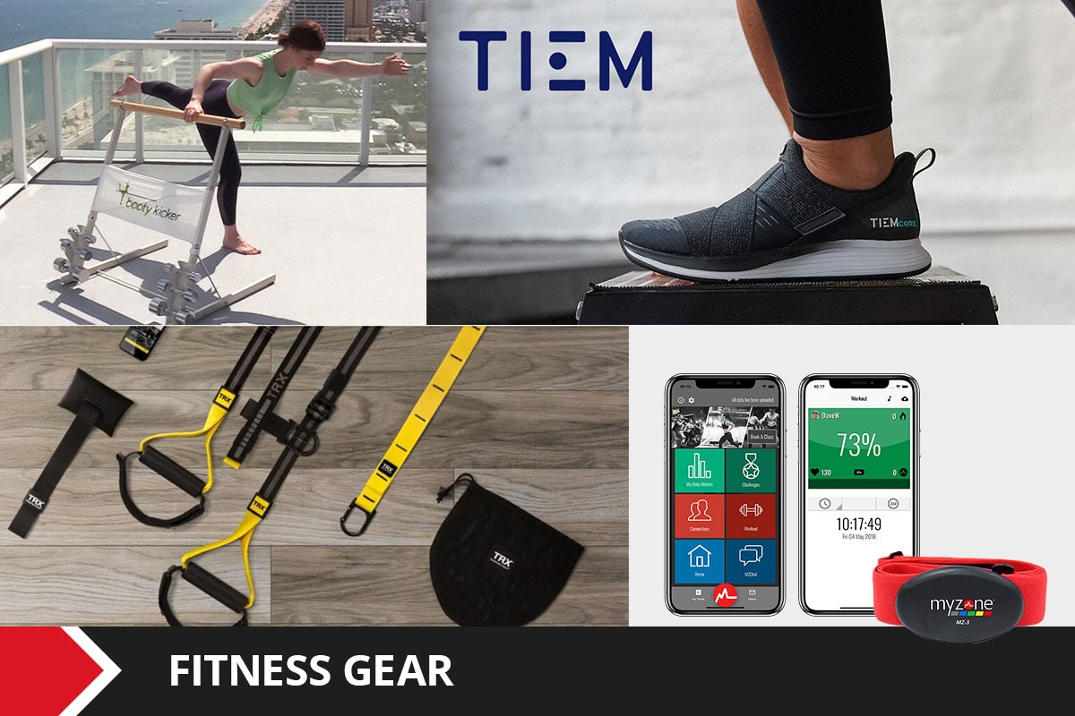 Collage of fitness equipment, including TRX straps, Barre, and cycling shoes.