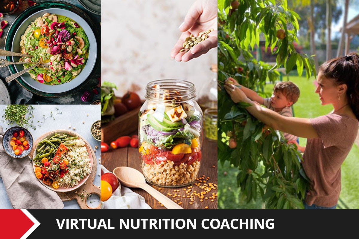 Images of healthy and nutritious food, alongside a female nutritionist.