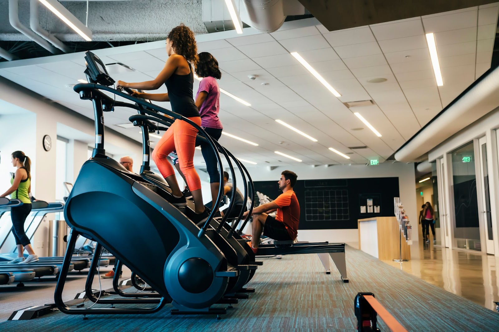 Two fit women working out on stair climbers inside of a fitness studio