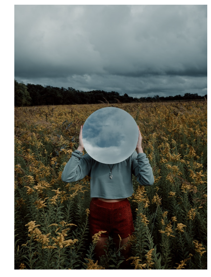 person in field holding a reflecting circle