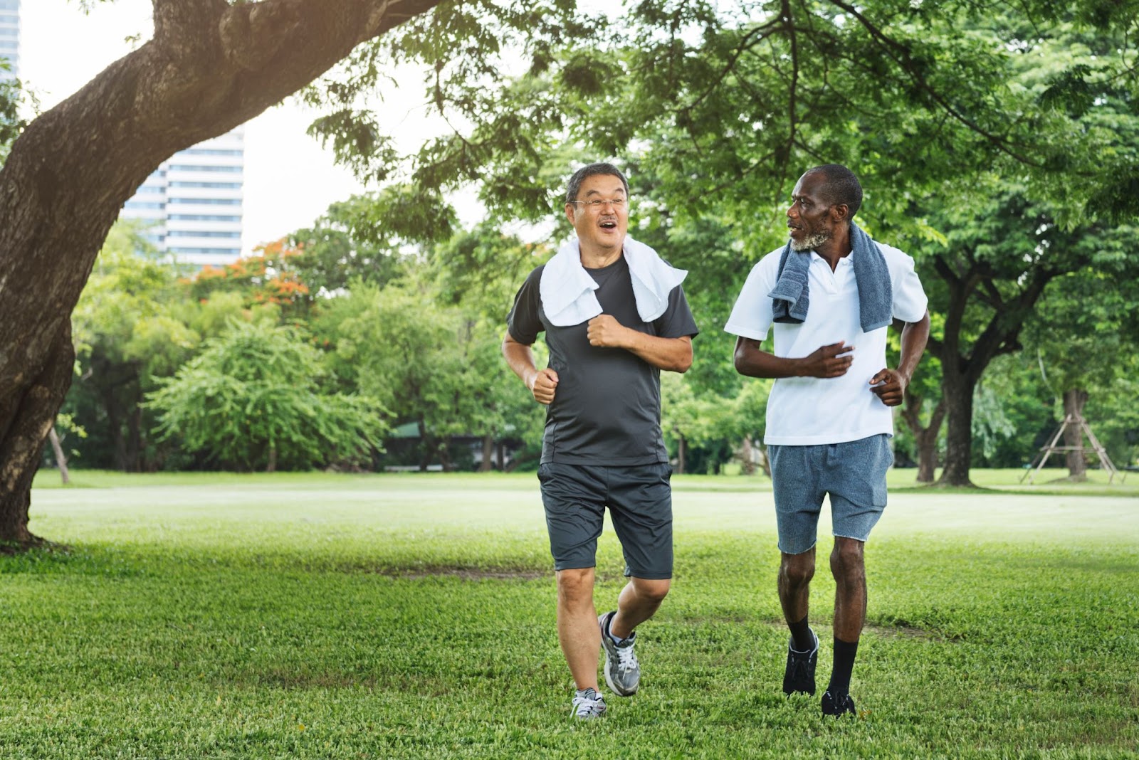 Two men working out together in the park