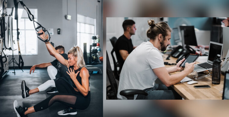 fit blonde woman working out with TRX straps and young twenty-something man reading a tablet at his desk
