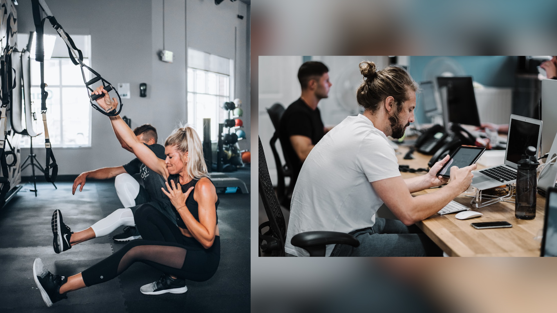 fit blonde woman working out with TRX straps and young twenty-something man reading a tablet at his desk