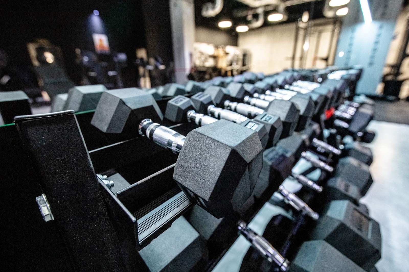 Close up shot of dumbbells in a fitness studio
