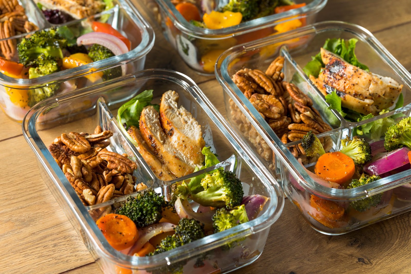 Closeup of prepared meals on a kitchen counter