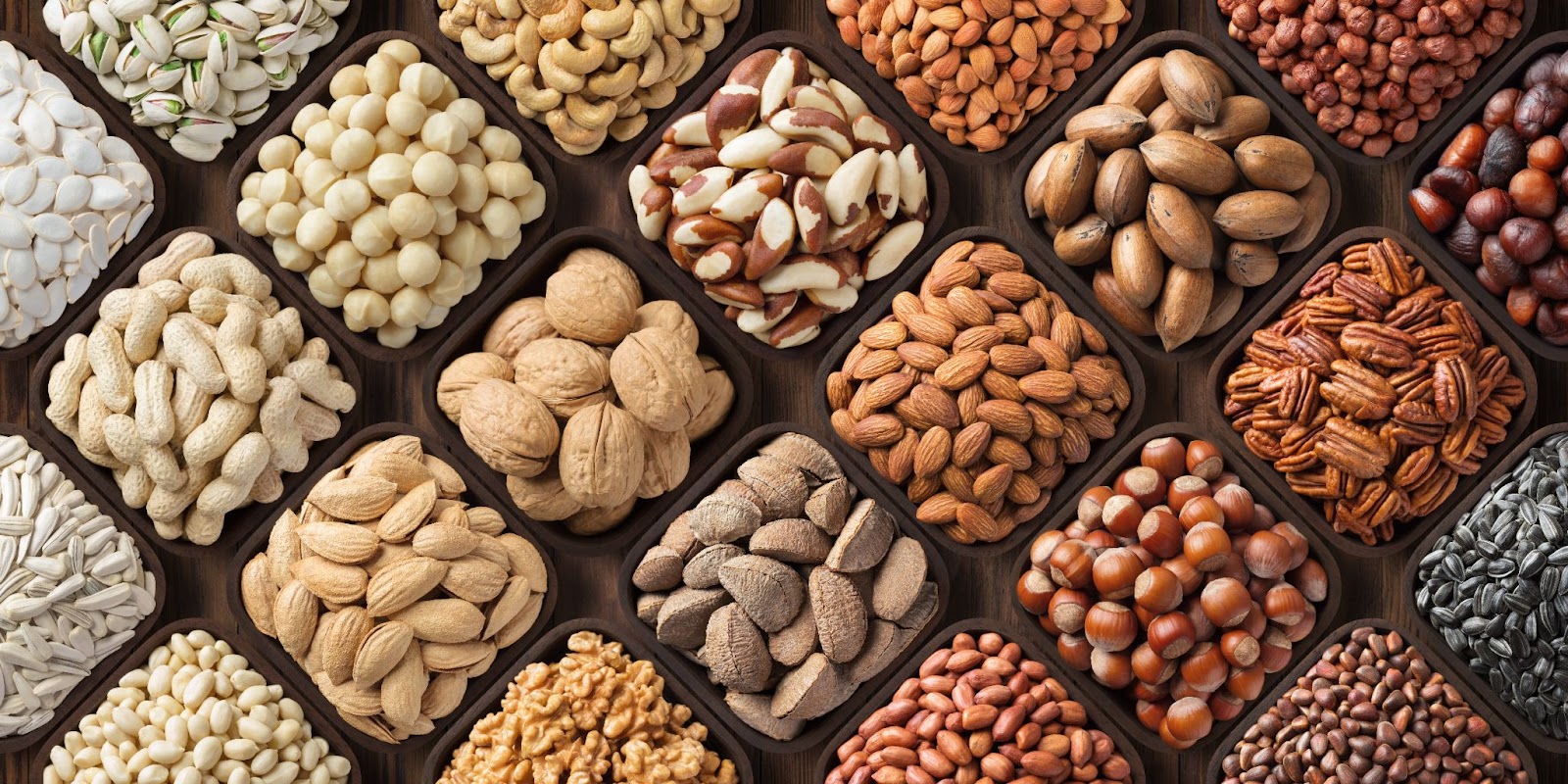 Different types of nuts, including brazil nuts, almonds, peanuts, pecans