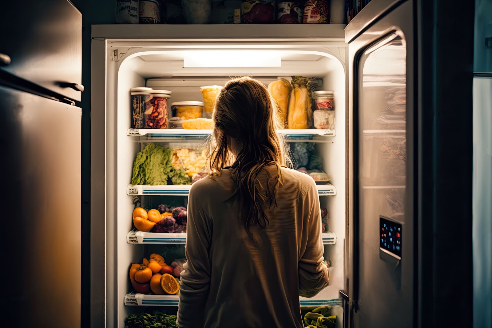 Young blonde woman opening up a refrigerator at night
