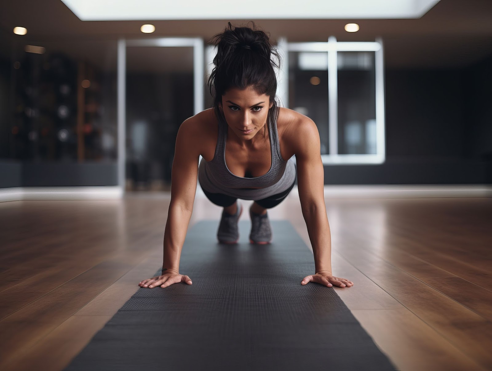 Fit young woman doing a push up in an empty gym