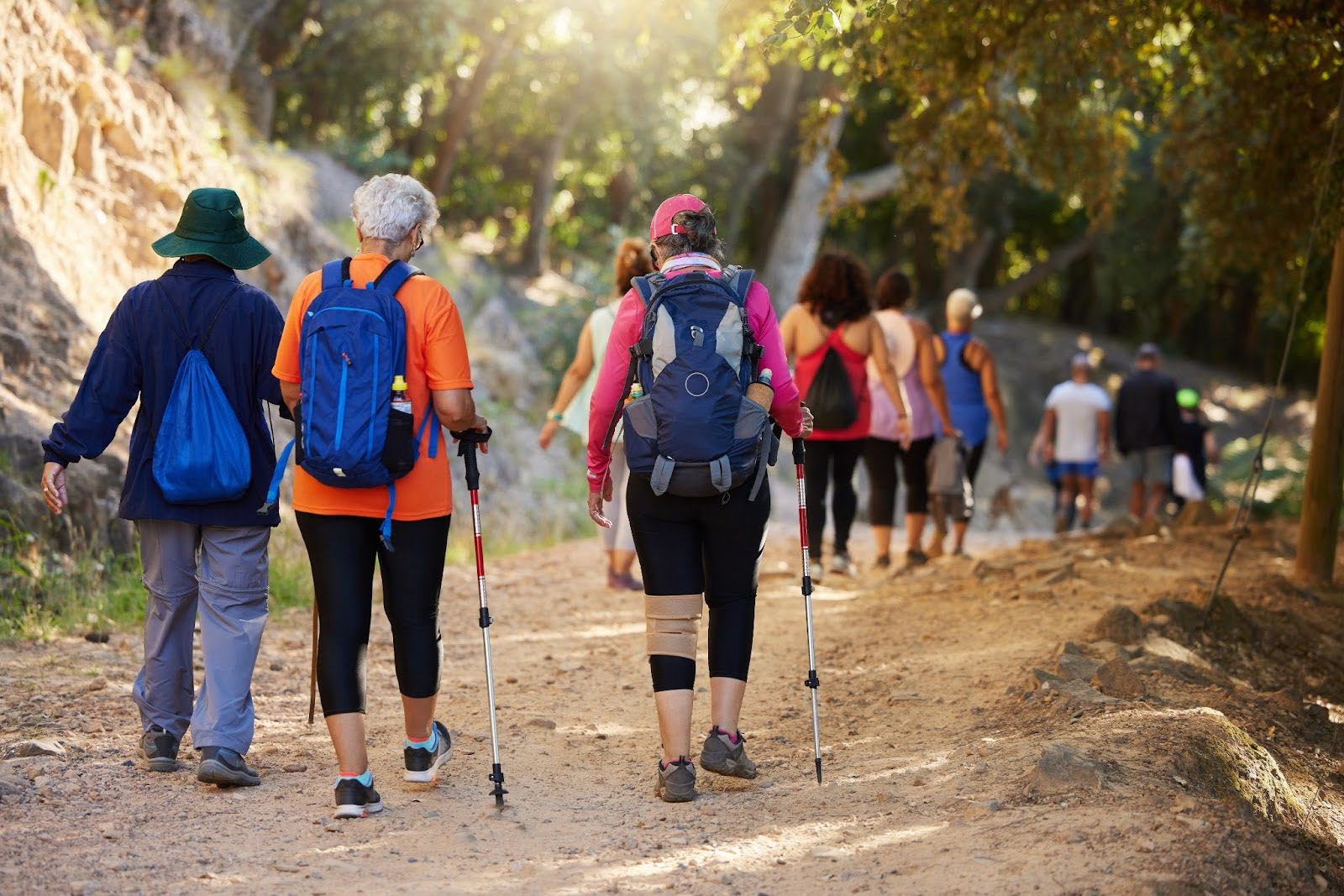 A hiking group going for a walk in a nature reserve