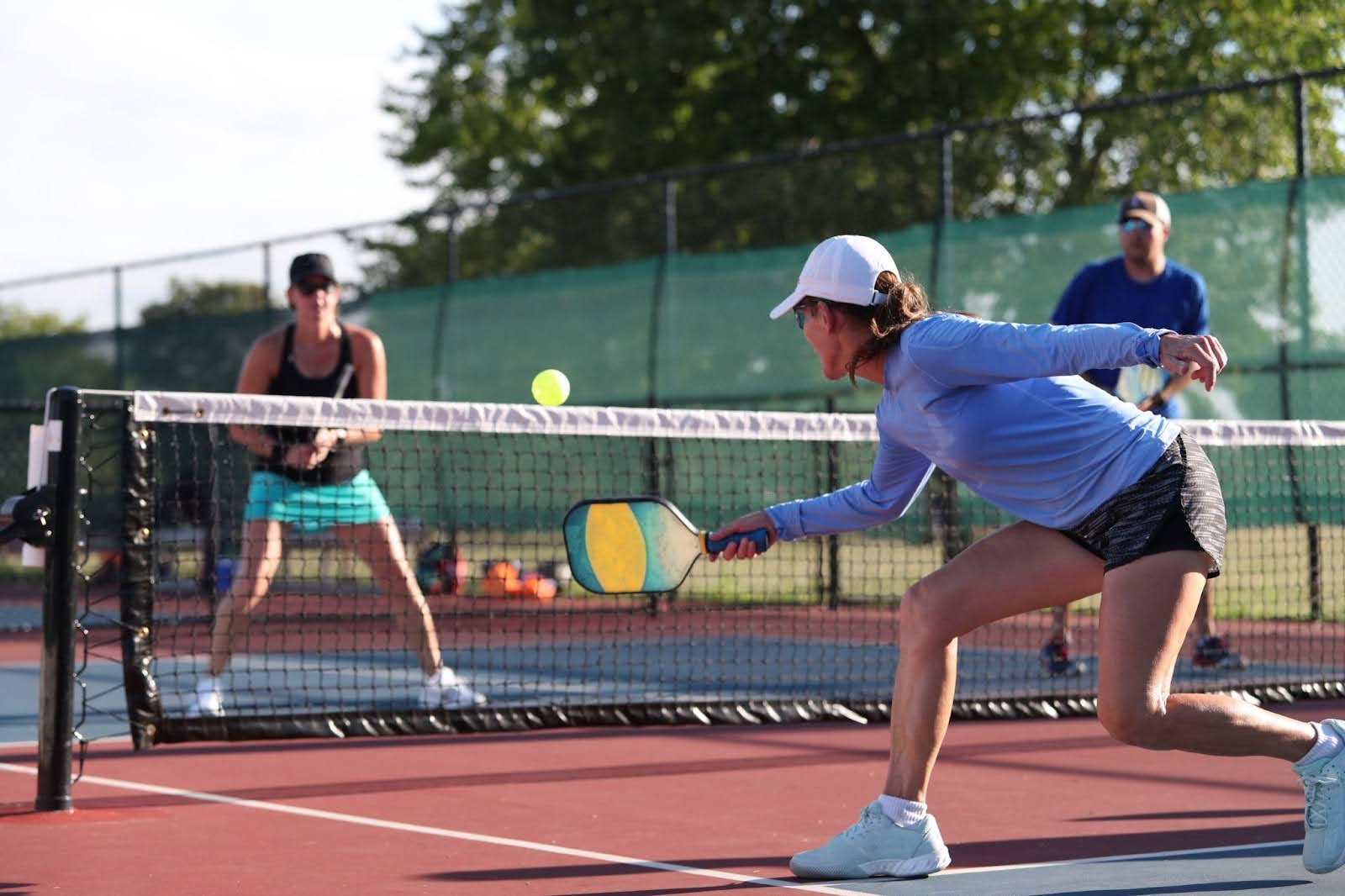 A two-on-two game of pickleball