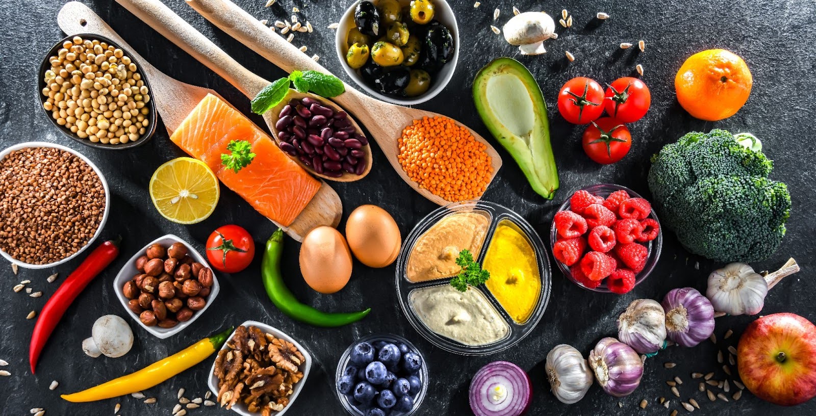 Overhead view of several different healthy food ingredients